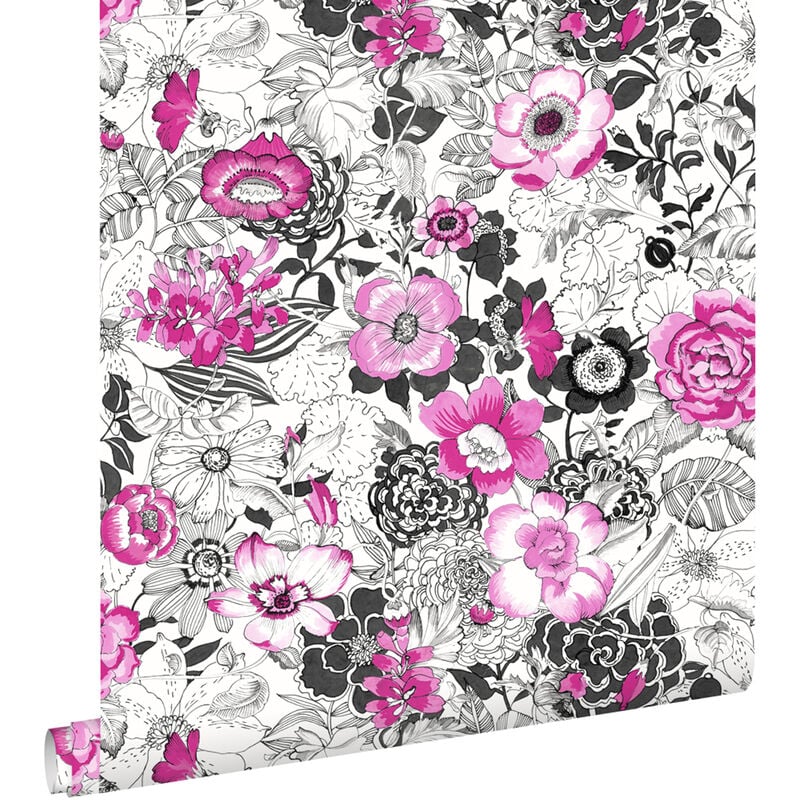 Papier peint fleurs rose et noir Estahome