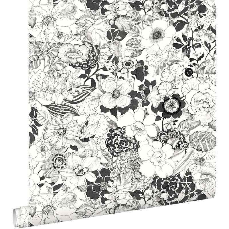 Papier peint fleurs noir et blanc Estahome