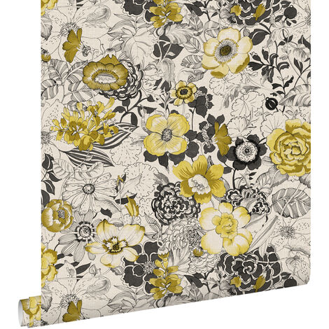 papier peint fleurs jaune ocre et beige - ESTAhome