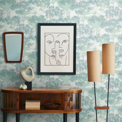 papier peint fleurs multicolore, vert, blanc, orange et bleu  - Livingwalls