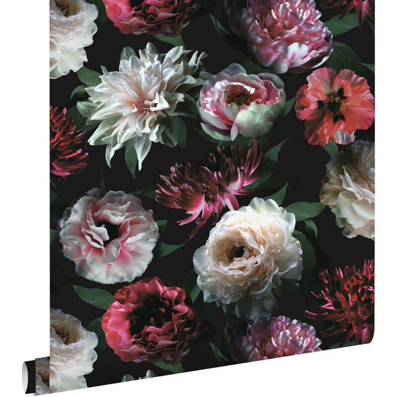 Papier peint fleurs rose, noir et vert foncé Estahome