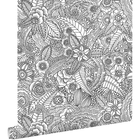 papier peint fleurs noir et blanc  - ESTAhome