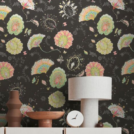 papier peint fleurs noir, multicolore, orange, rose et bleu  - Livingwalls