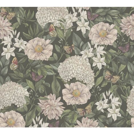 papier peint fleurs noir, vert foncé, blanc, rose et jaune  - Livingwalls