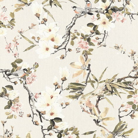 Papier peint fleurs & oiseaux chambre | Papier peint cerisier japonais beige & vert | Tapisserie fleurie & arbre japonais pour cuisine - 10,05 x 0,53 m