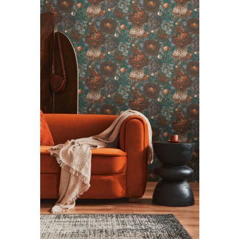 Papier peint fleurs orange et gris sur fond noir, salon, salle à mange, chambre, 399732