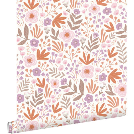 papier peint fleurs orange et violet  - ESTAhome