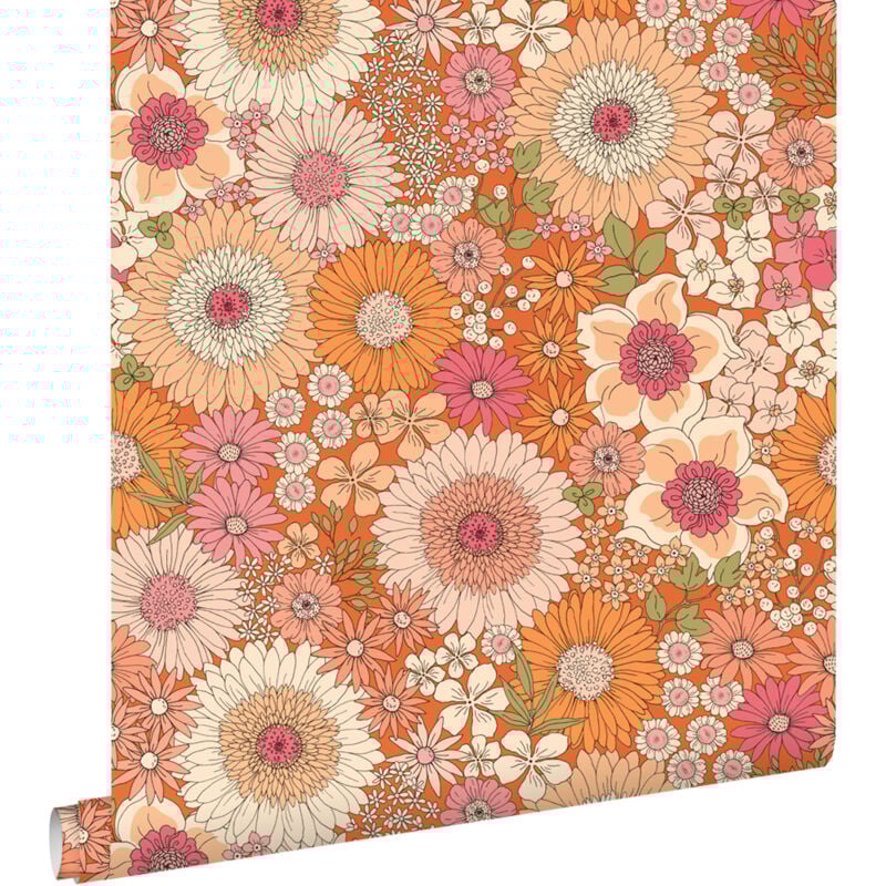 Papier peint fleurs rétro orange et rose Estahome