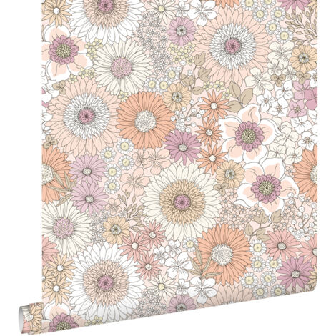 papier peint fleurs rétro beige et rose  - ESTAhome