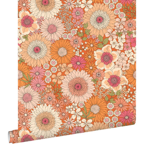 Papier peint fleurs rétro orange et rose – 53cm x 10,05m – Intissé écologique – Pose facile sans table à tapisser – Estahome