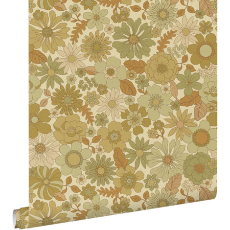 papier peint fleurs rétro vert grisé  - ESTAhome
