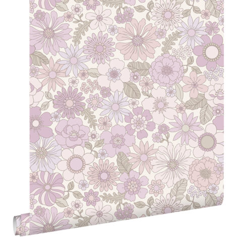 papier peint fleurs rétro violet clair - ESTAhome