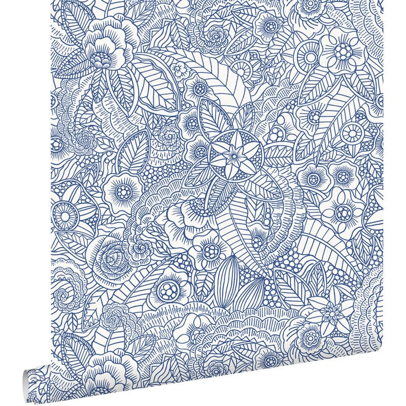 Papier peint fleurs bleu sur blanc Estahome