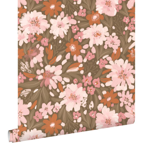 papier peint fleurs rose clair, terracotta et vert grisé  - ESTAhome