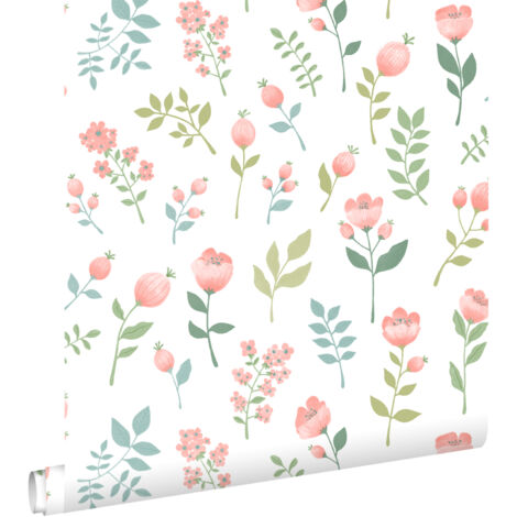 papier peint fleurs rose et vert grisé  - ESTAhome
