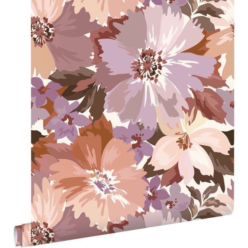 Estahome - papier peint fleurs mauve violet et terracotta