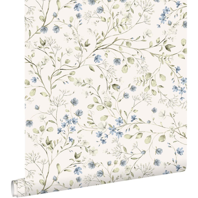 papier peint fleurs vert grisé, bleu et blanc - ESTAhome