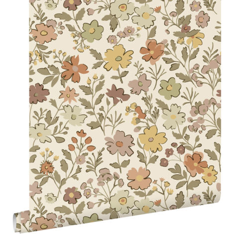 papier peint fleurs vert, jaune, violet et terracotta  - ESTAhome