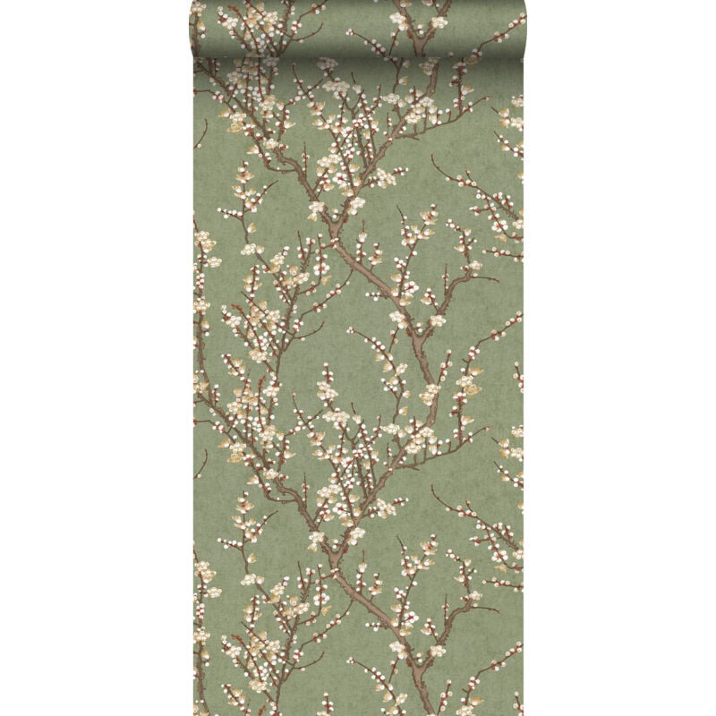 Sanders&sanders - papier peint fleurs vert olive grisé et blanc