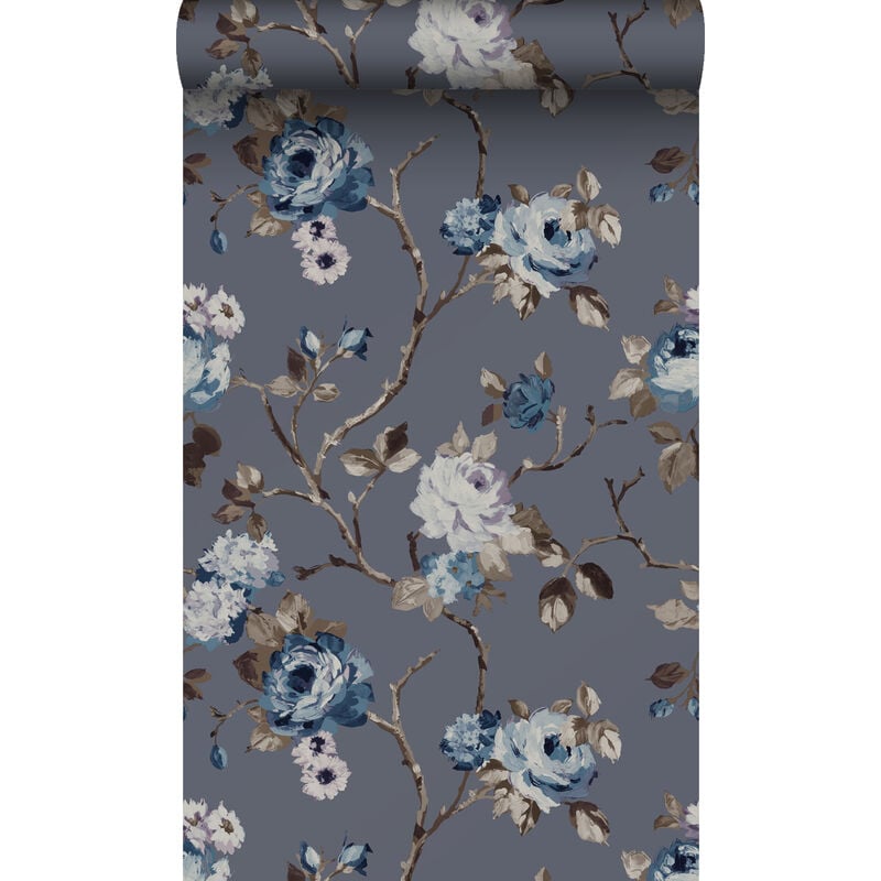 Origin - papier peint fleurs vintage bleu et taupe Wallcoverings
