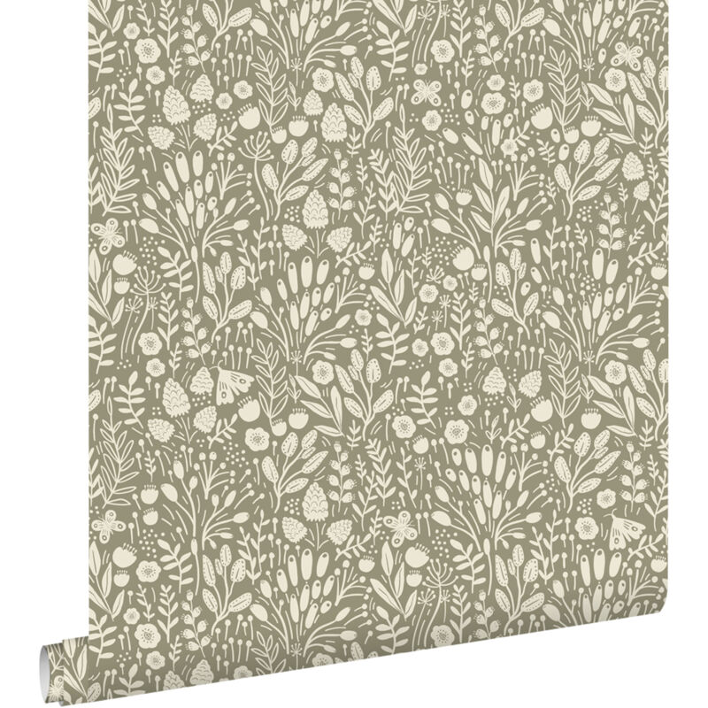 Papier peint fleurs vert olive clair Estahome
