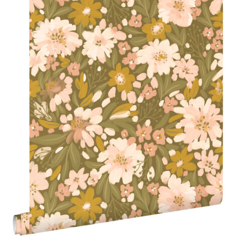 papier peint fleurs vert olive grisé, rose clair et jaune moutarde  - ESTAhome
