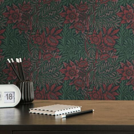 papier peint fleurs vert, rouge et noir  - Livingwalls