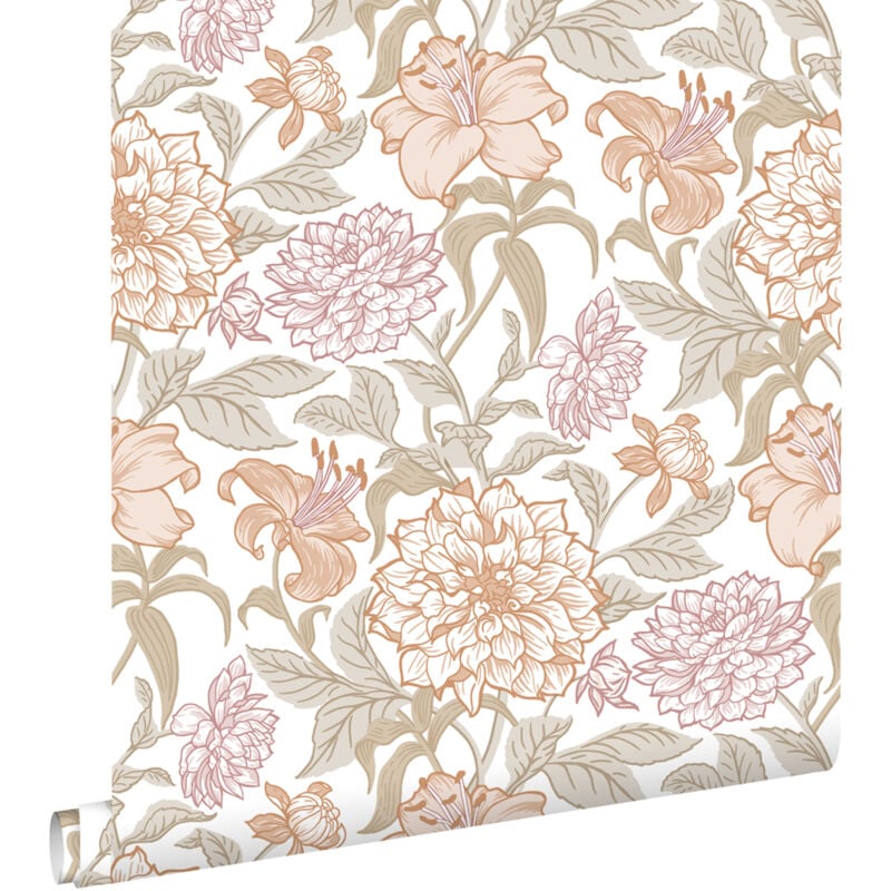 Estahome - papier peint fleurs vintage terracotta et vert grisé