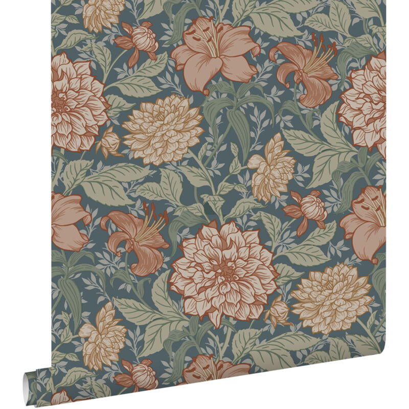 Papier peint fleurs vintage bleu gris Estahome