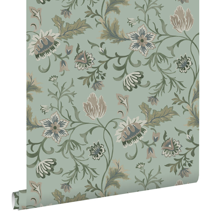 Estahome - papier peint fleurs vintage vert céladon