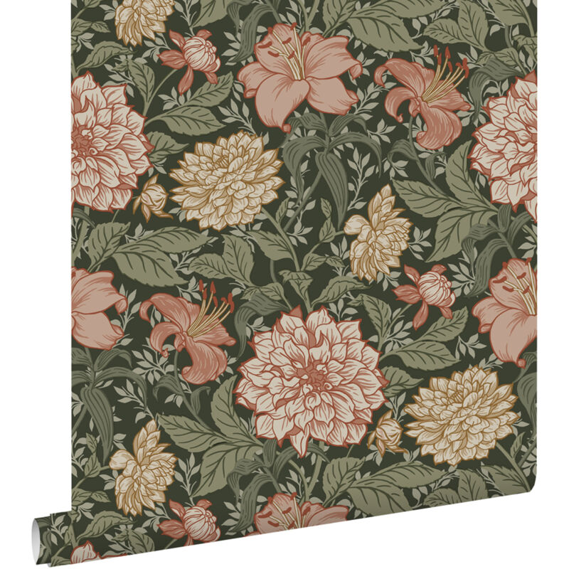 Papier peint fleurs vintage vert grisé et rose terracotta Estahome