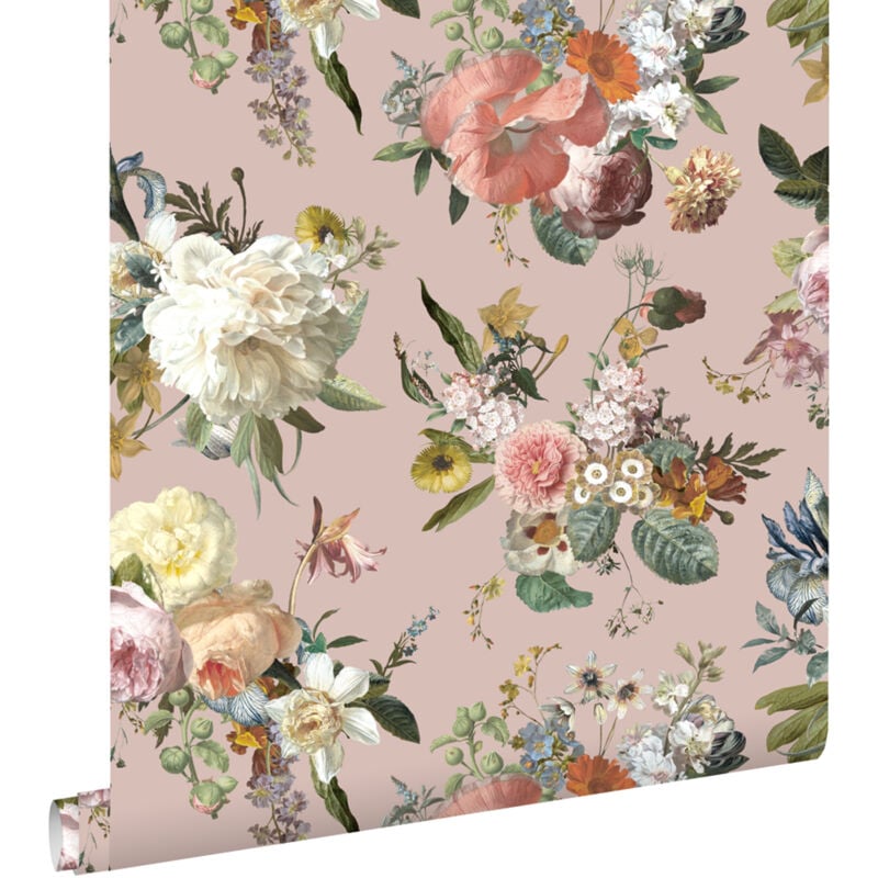Papier peint fleurs vintage vieux rose Estahome
