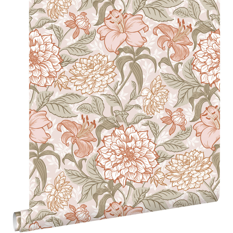 Estahome - papier peint fleurs vintage vieux rose et vert