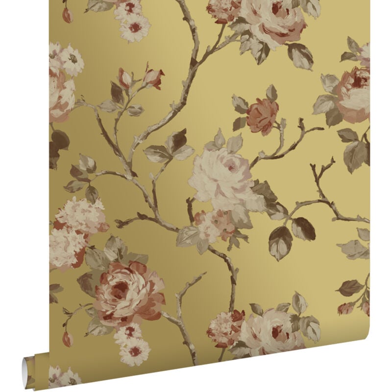 Estahome - papier peint fleurs vintage or et rose terracotta