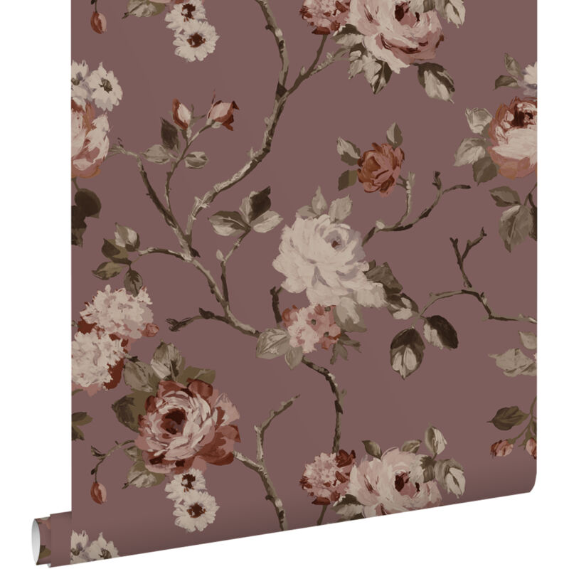 Papier peint fleurs vintage violet aubergine Estahome