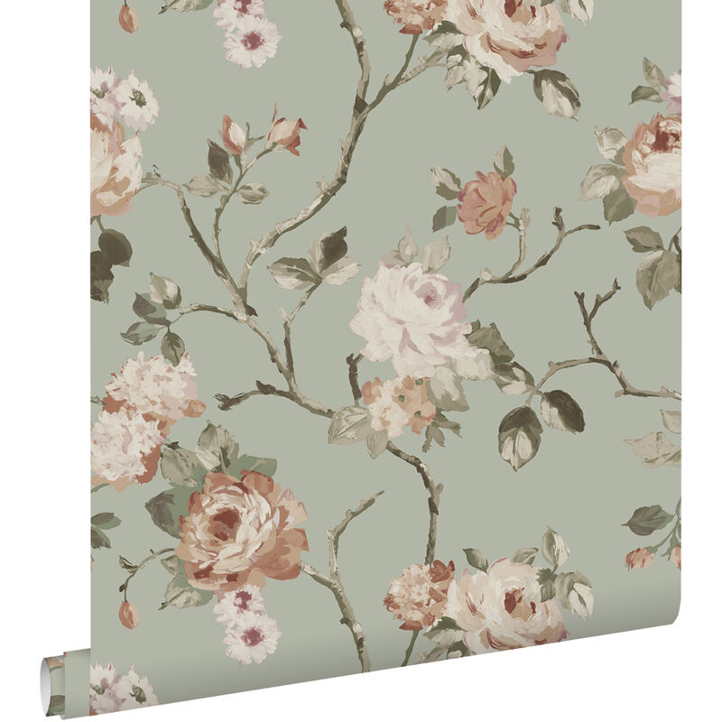 Papier peint fleurs vintage vert menthe grisé et rose clair Estahome