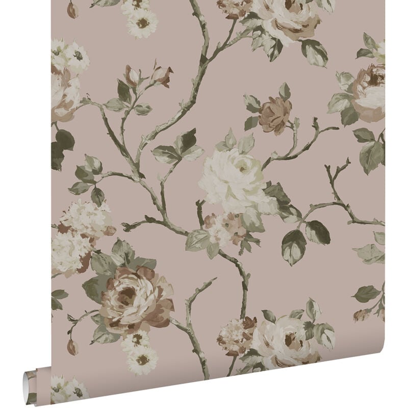 Papier peint fleurs vintage vieux rose Estahome