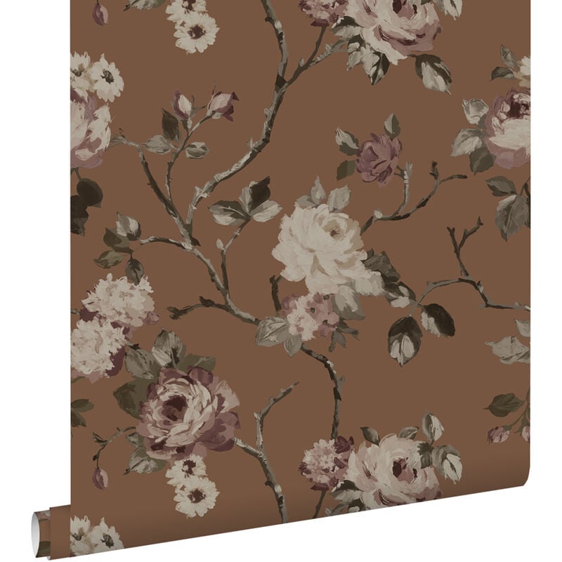 Papier peint fleurs vintage marron terracotta Estahome