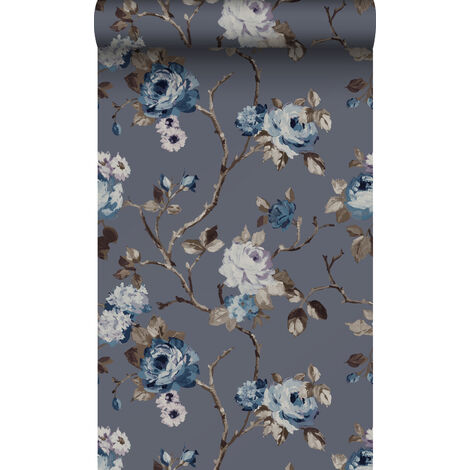 papier peint fleurs vintage bleu et taupe  - Origin Wallcoverings