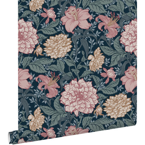 papier peint fleurs vintage bleu et vieux rose  - ESTAhome