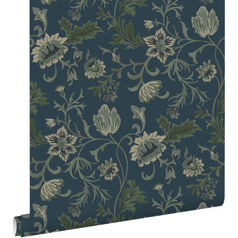 papier peint fleurs vintage bleu foncé et vert  - ESTAhome