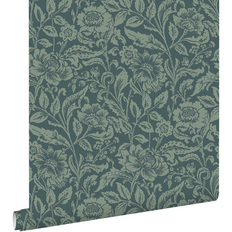 papier peint fleurs vintage bleu foncé et vert grisé  - ESTAhome