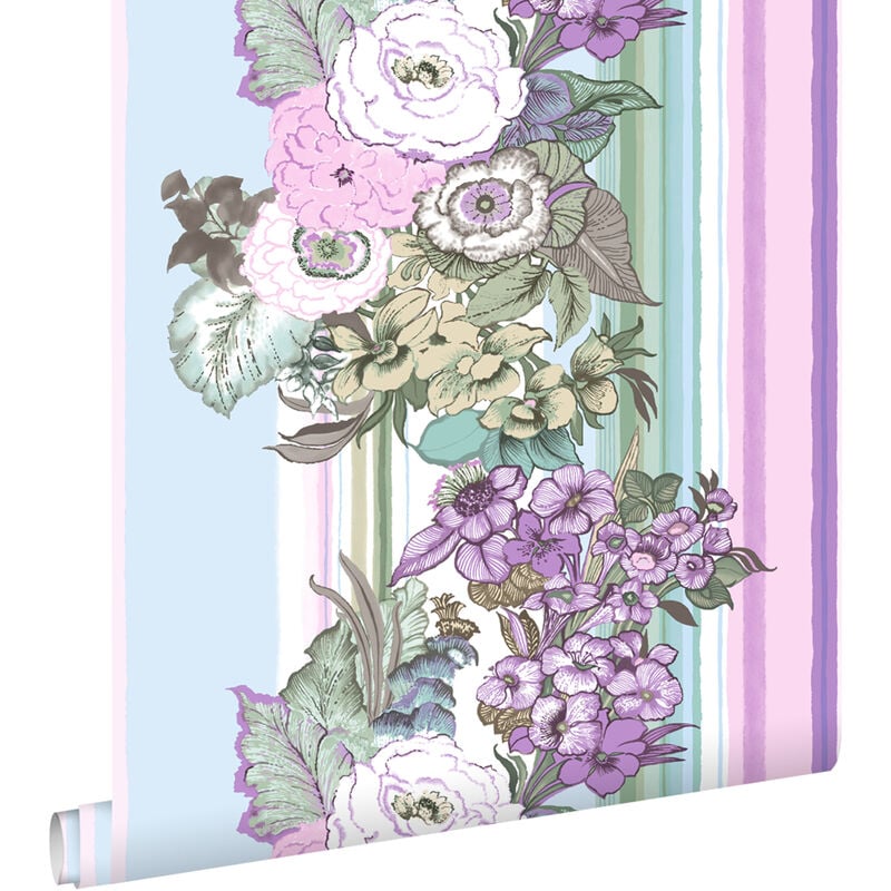 Estahome - papier peint fleurs vintage violet clair et bleu