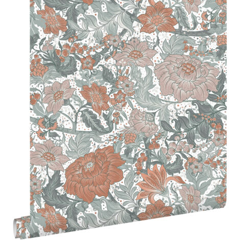 papier peint fleurs vintage bleu vert et terracotta  - ESTAhome