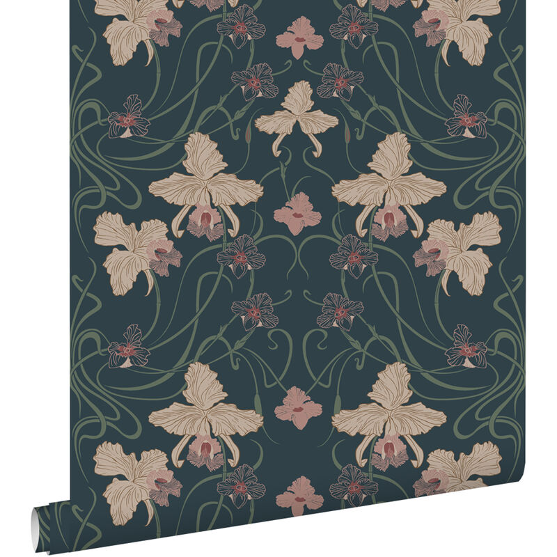 Papier peint fleurs vintage de style art nouveau bleu foncé, beige et vert grisé Estahome