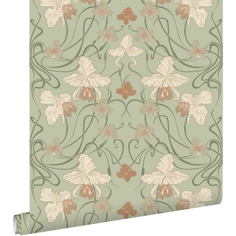Papier peint fleurs vintage de style art nouveau vert grisé et terracotta Estahome