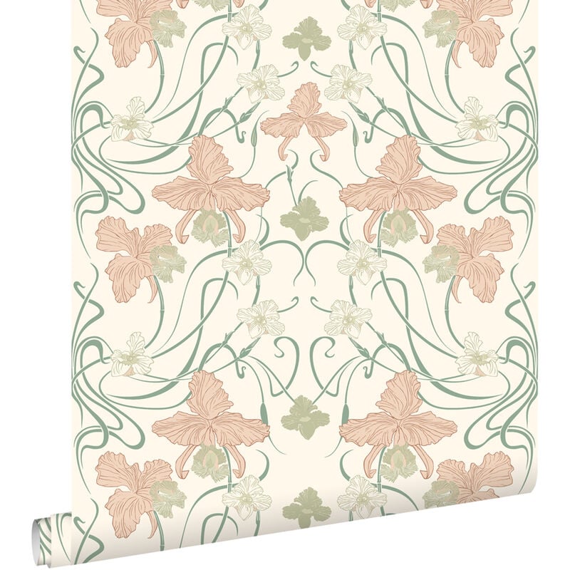 Papier peint fleurs vintage de style art nouveau blanc crème, rose clair et vert grisé Estahome