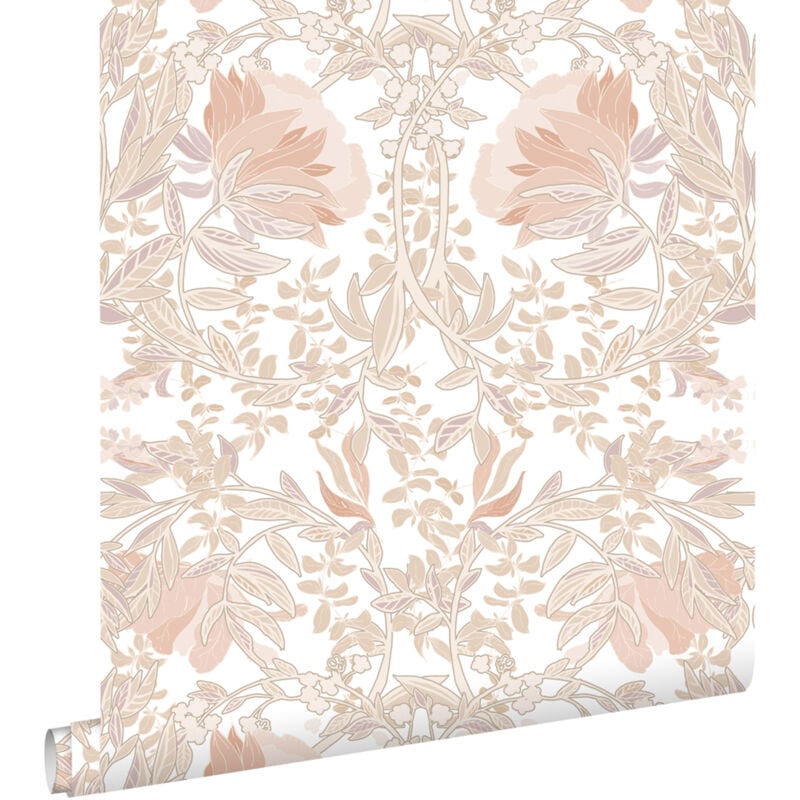 Papier peint fleurs vintage de style art nouveau sable beige et terracotta claire Estahome