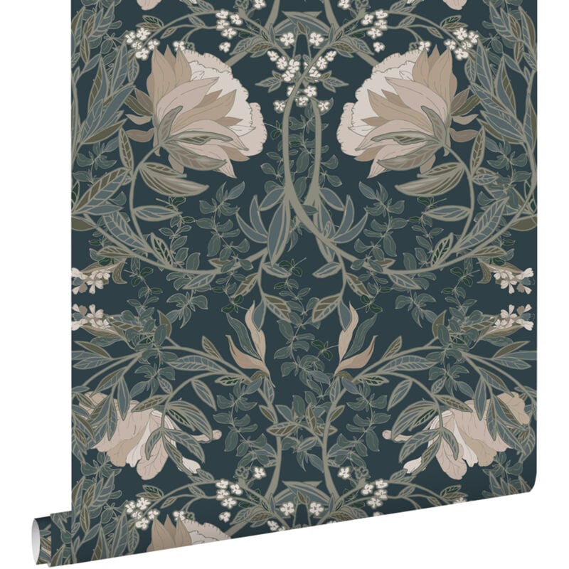 Papier peint fleurs vintage de style art nouveau bleu foncé Estahome