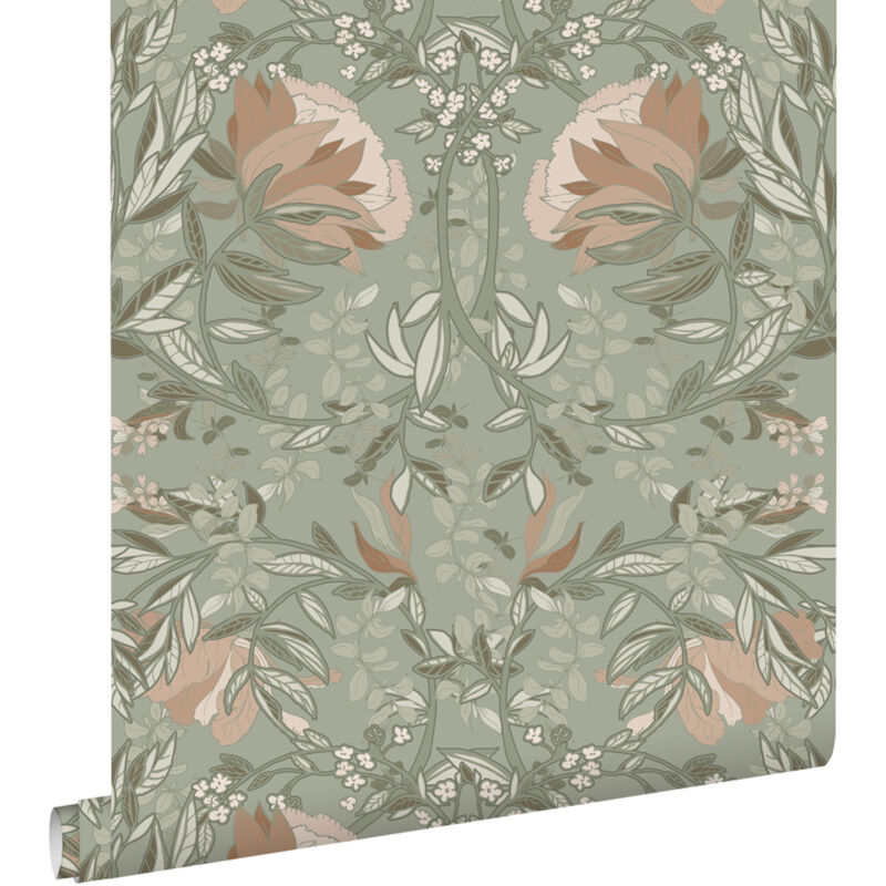 Papier peint fleurs vintage de style art nouveau vert grisé et vieux rose Estahome